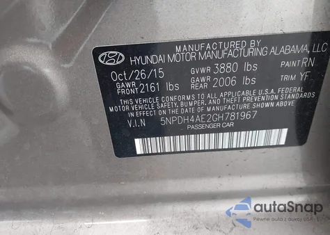 2016 Hyundai Elantra Se из США, поврежденный, VIN 5NPDH4AE2GH781967